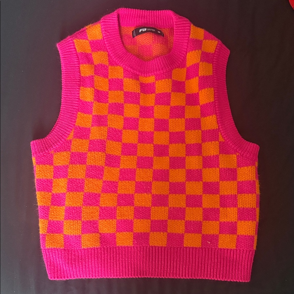 Vibrant Pink and Orange Checkered Sweater Vest